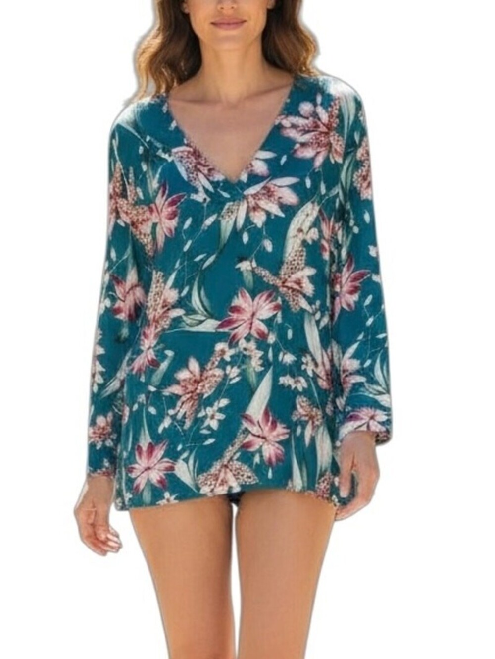 La Blanca Women's Swim Cover Up Tunic XXS Blue Flyaway Orchid Floral Long Sleeve